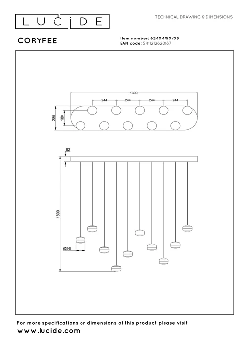 Lucide CORYFEE - Hanglamp - LED Dimb. - CCT - 10x6W 2200K/3000K - Champagne kleur - Vibes - technisch
